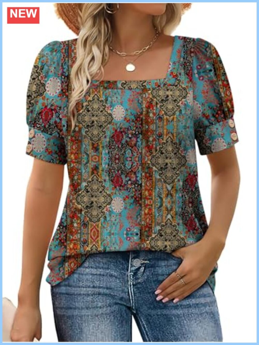 Womens Square Neck Puff Sleeve T-Shirt Short Sleeve Blouse